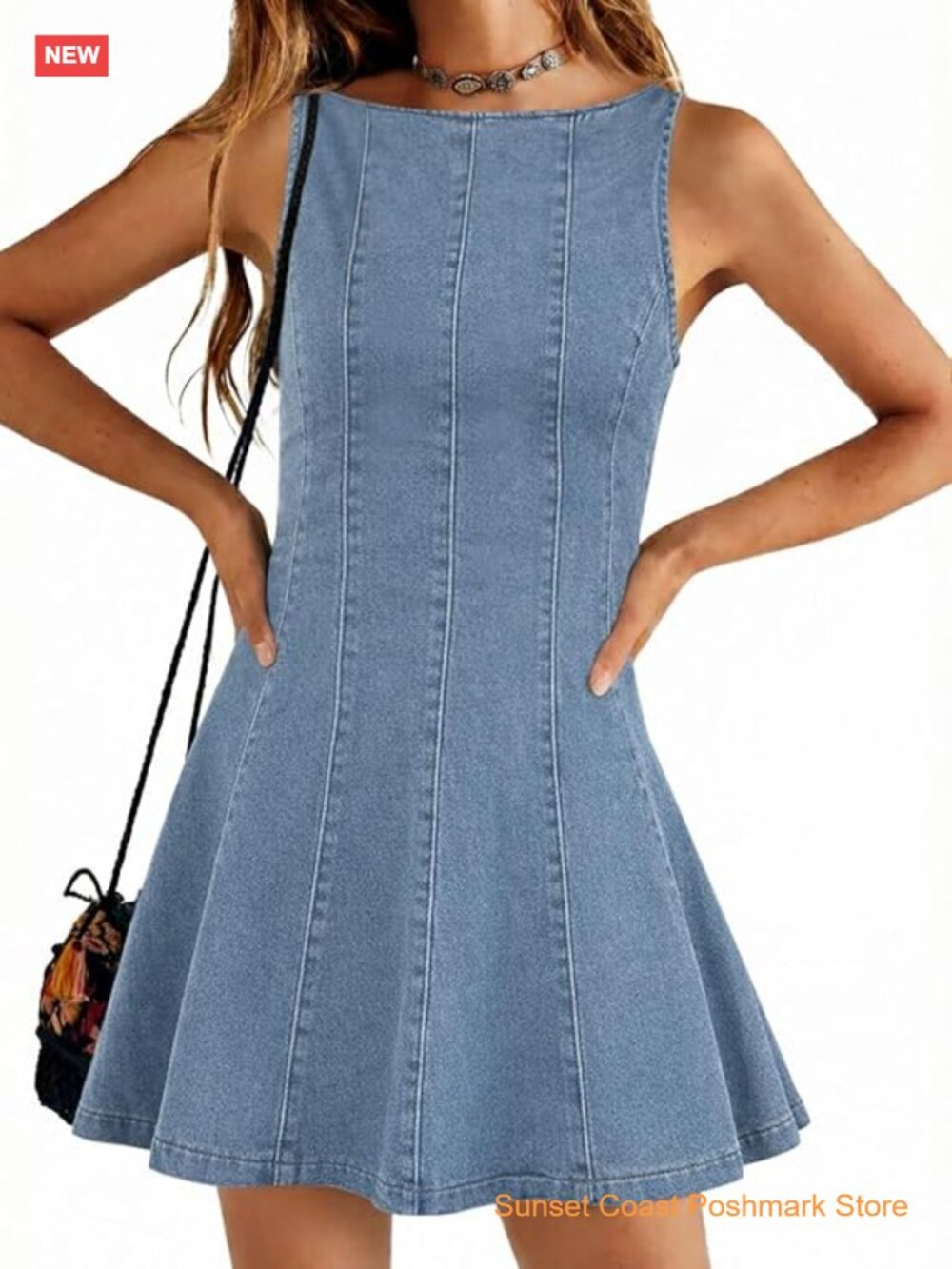 Sleeveless Denim Babydoll Mini Dress A-Line Zipper Flowy Tank